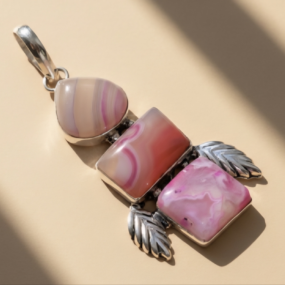 Eyecatching Rhodochrosite Gemstone Pink Silver Plated Three Stone Pendant 3"